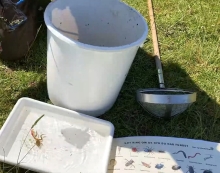 En ketsjer, en hvid spand, og bakke og en bestemmelsesdug Udstyr til fangst og bestemmelse af vandløbets dyr i Møllebækken ved Halkær Mølle 